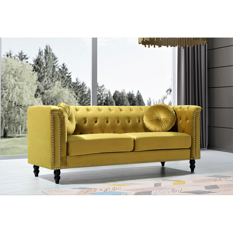 Canapé Chesterfield 76 po, Velours jaune
