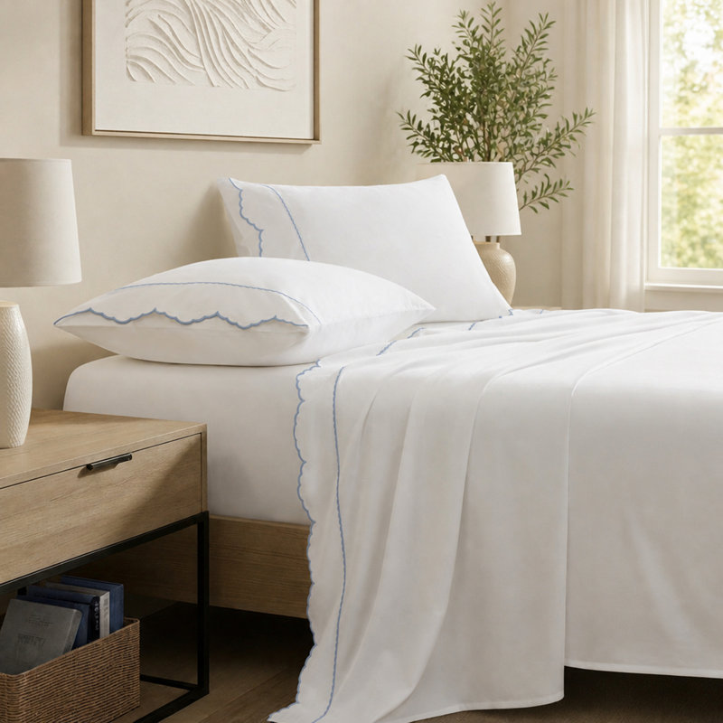 Ensemble de draps en satin de coton 300 fils avec broderie élégante, Très grand lit, Bleu