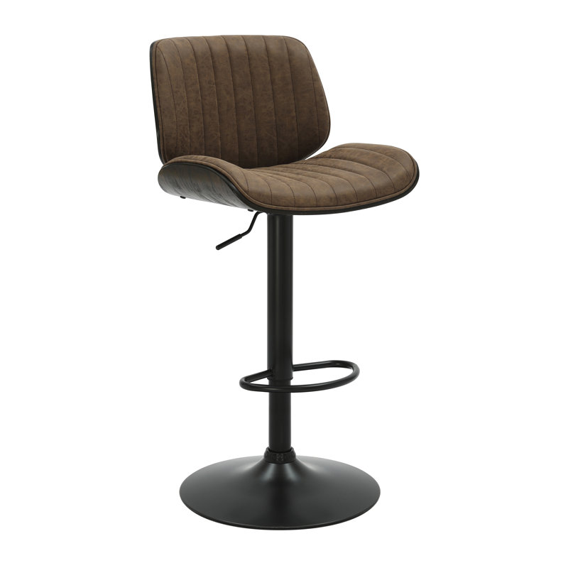 Westerfield Adjustable Swivel Vintage Dark Brown Curved Back Wood Bar Stool With Faux Leather Seat, Dark Brown