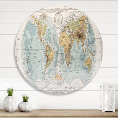 Ancienne carte du monde II - cercle rustique en métal, art mural