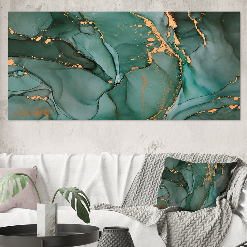 Turquoise et gris luxueux abstrait fluide IV - peinture sur toile, H 28 po x l 60 po x P 1,5 po, Toile tendue