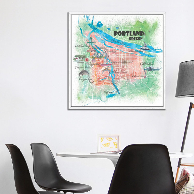 Portland Oregon USA Illustrated Map by Markus & Martina Bleichner - Painting on Canvas, 93.98cm H x 93.98cm W x 3.81cm D