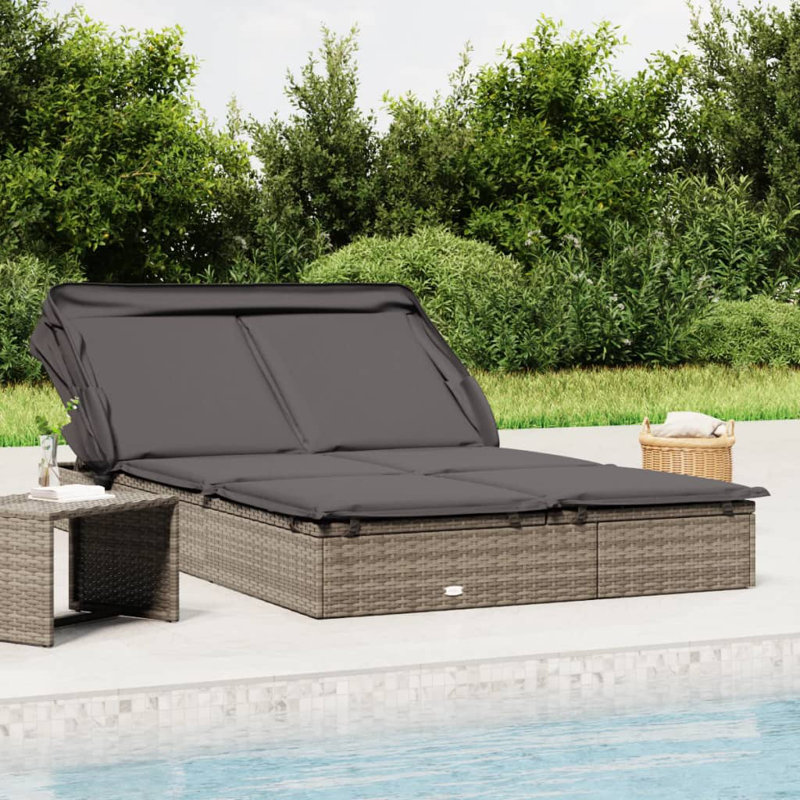 Latitude RunÂ® 2-Person Sunbed With Foldable Roof 83.9"X46.5"X38.2" Poly Rattan, Grey, Grey
