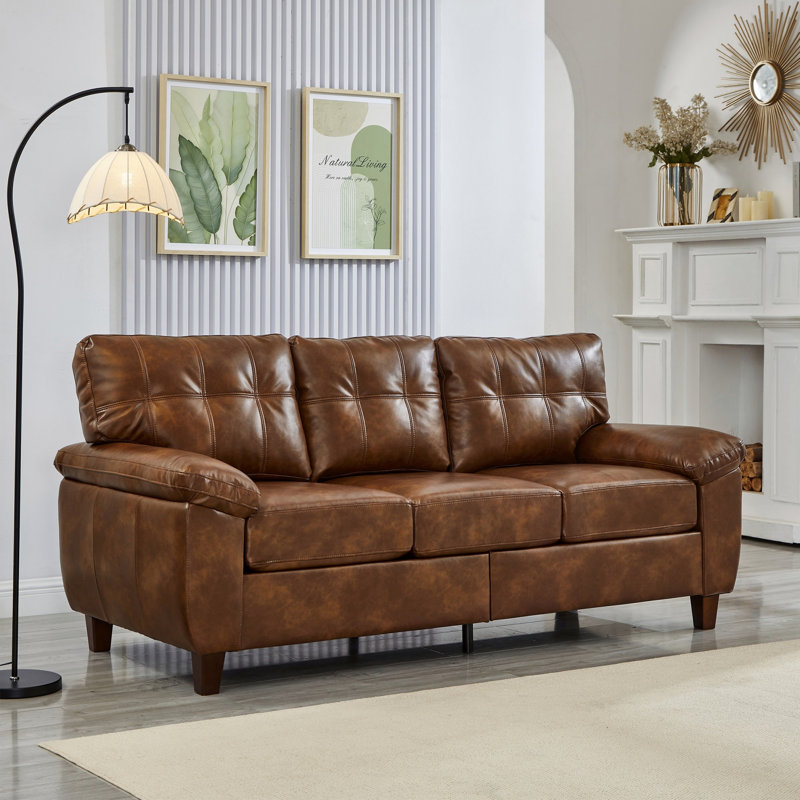 Élégant canapé pour intérieur, canapé moderne à trois places avec accoudoirs larges, espace de rangement, Similicuir brun