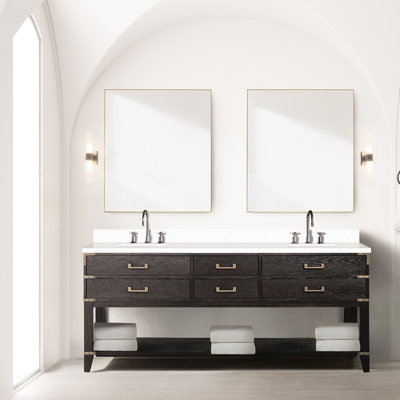 80 po L x P 22 po Armoire de salle de bain en chêne brun avec bois de culture massif, tiroirs à fermeture en douceur et tablette pour vaste comptoir de rangement de meuble-lavabo 80 x 22, structure en bois, grande ouverture