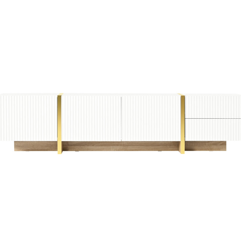 80" Tv Entertainment Stand, White With Fluted Panels And Golden Legs Cabinet Decoration: White, Legs, Storage Options