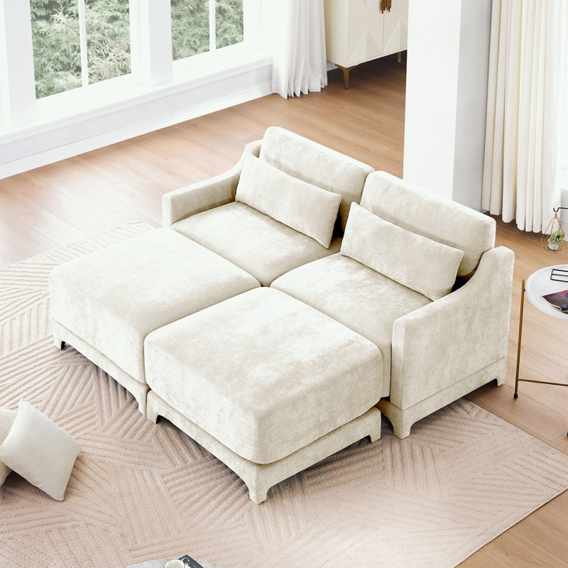 Causeuse en chenille avec 2 coussins lombaires et 2 repose-pieds, Beige