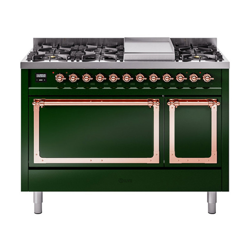 ILVE Nostalgie II Noblesse 48 po à double combustible, 8 brûleurs, plaque chauffante, Vert émeraude / cuivre, Gaz naturel