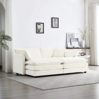 Canapé modulaire 2 places avec repose-pieds, tissu chenille blanc, repose-pieds en chenille, bois massif, éponge, moment de détente
