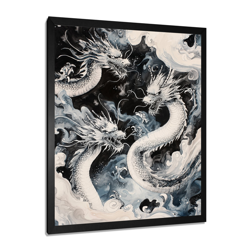 «Chinese Majestic Dragons Fight I», reproduction d'art mural, Reproduction encadrée d'une seule photo sans pass, Noir