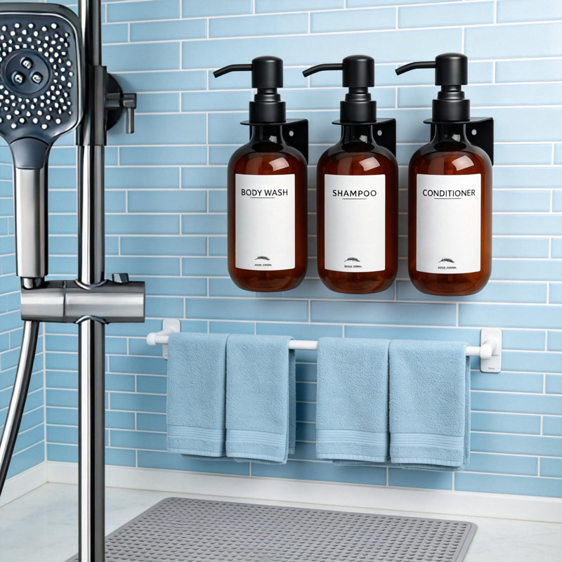 Distributeur de shampooing mural pour douche Supforce, distributeur de shampooing et revitalisant sans perceuse (ambre)