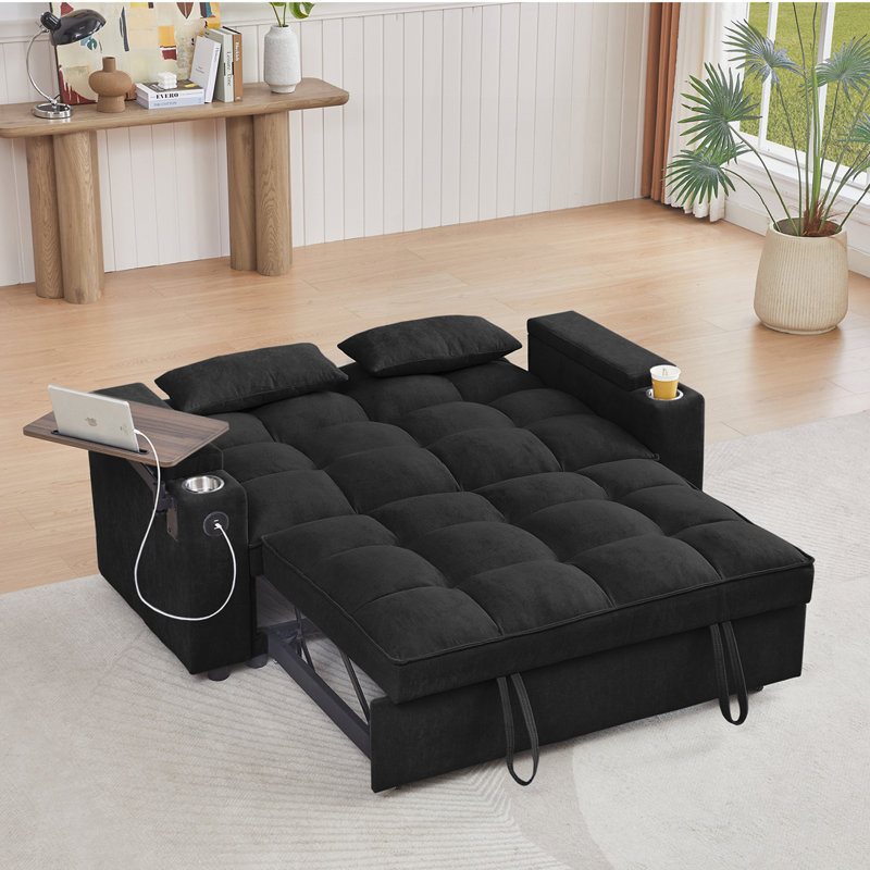 Canapé-lit en chenille noir avec accoudoirs avec rangement, port USB et table d'appoint, Noir