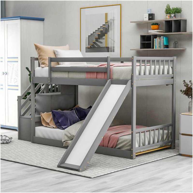 Lit superposé simple au-dessus d'un lit simple avec glissière convertible et escalier, gris, Gris