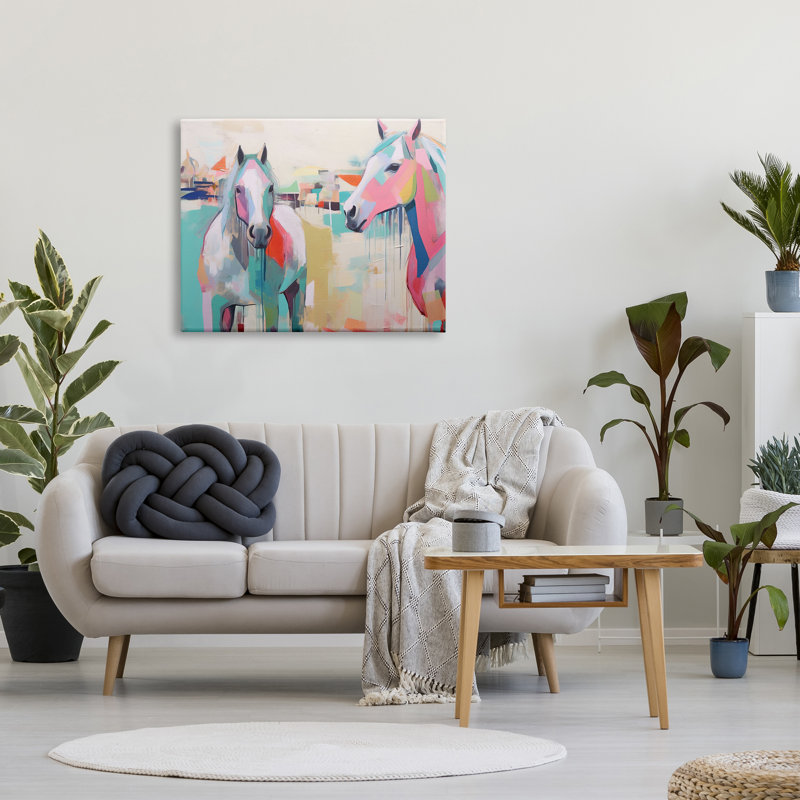 Az-084 - Chevaux pastel abstraits encadrés sur bois par Irena Orlov, peinture, H 30 po x l 40 po x P 1,5 po