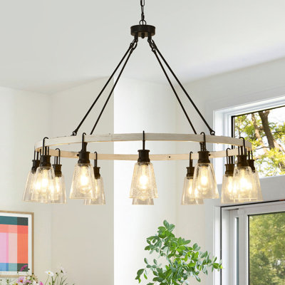 Farmhouse Rustic Wagon Wheel Chandeliers With Seeded Glass Shade, 16 Lights Faux Wood Chandelier High Ceiling Round Pendant Light For Dining Room Living Room Entryway Foyer