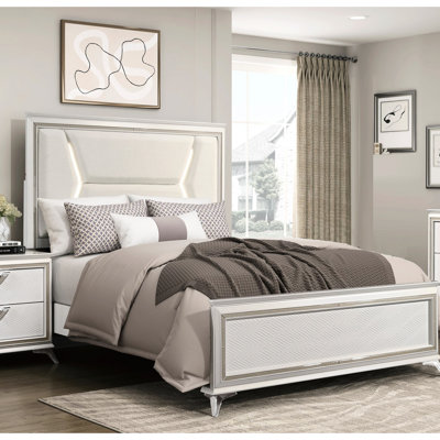 Grand lit moderne avec revêtement en chenille et tête de lit à DEL, qualité or blanc antique, structure en bois avec revêtement robuste