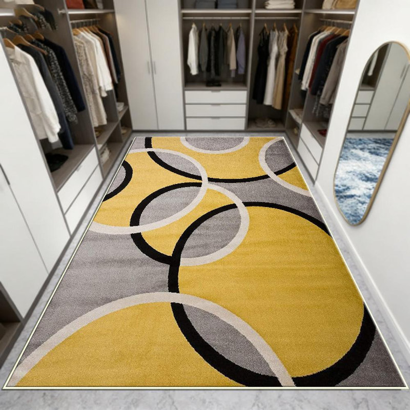 Modern yellow and gray geometric overlapping circle area rug for the living room, soft and comfortable, easy to maintain, machine-washable indoor rug, suitable for dining room, bedroom, home office, foyer, hallway, patio, and home decoration.