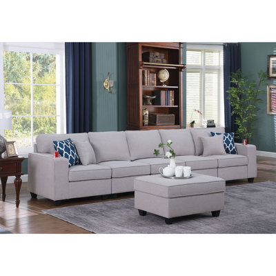 Linen Upholstered 5-Seater Sofa With Ottoman