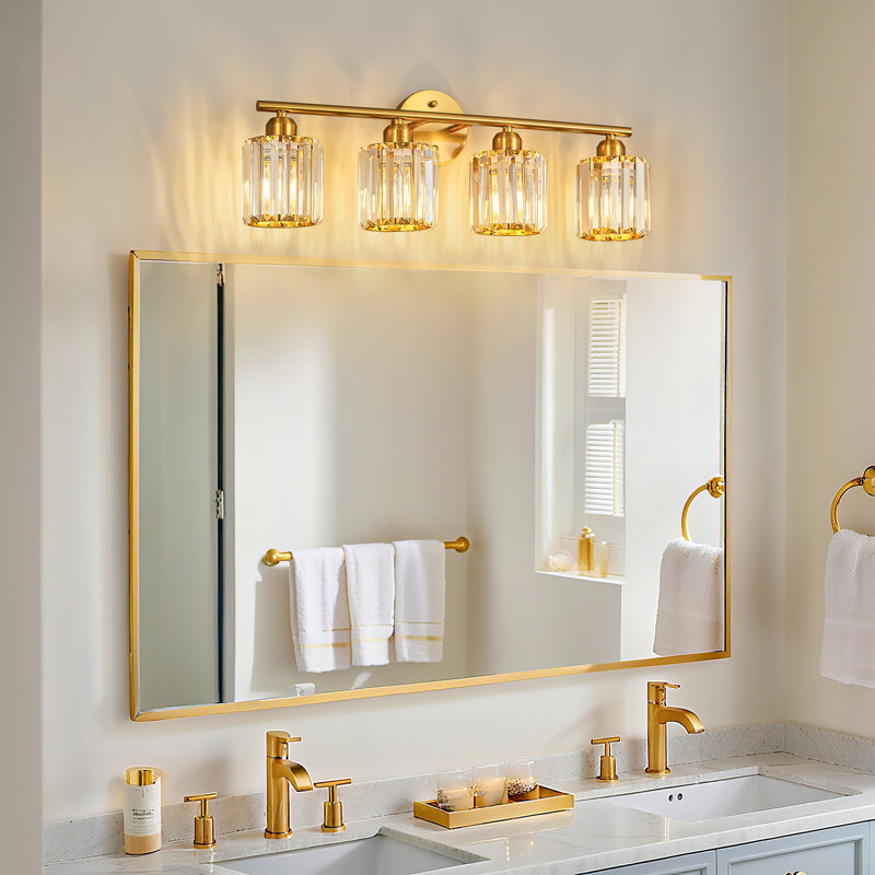 Luminaire de salle de bain vertical en cristal brossé à 4 lumières Kyneisha, Or brossé, Quatre lumières