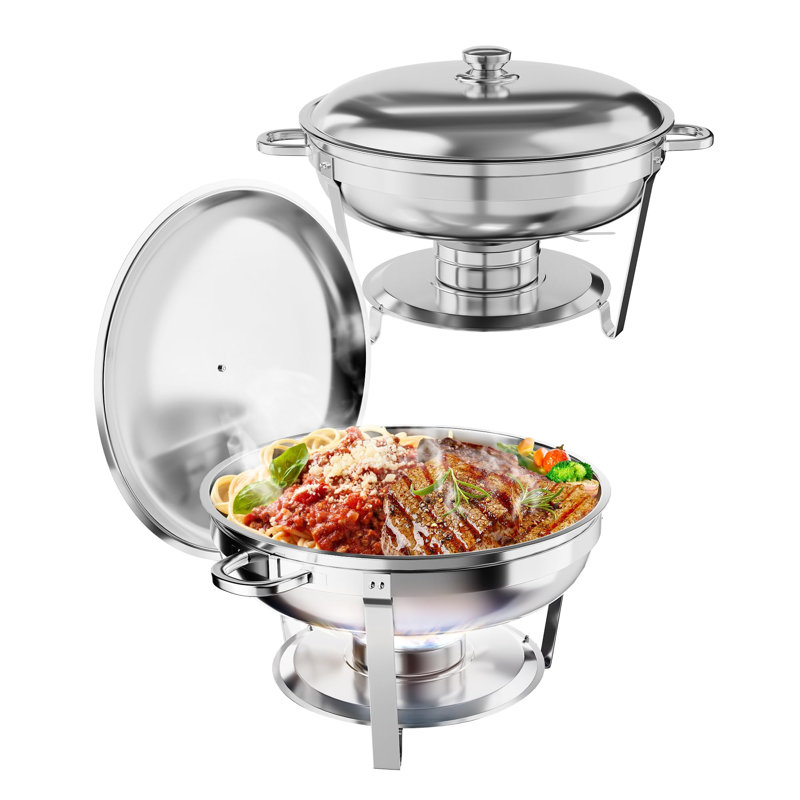 2-Pack 5QT Stainless Steel Chafing Dish Set with Lids, Pans, Frame & Fuel Holder – Reusable Round Chafer Warmer for Catering, Weddings, Parties & Camping