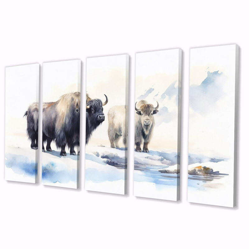 Domestique yak II - animaux, art mural, salon - 5 panneaux égaux
