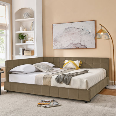 Cadre de lit tapissier grand capitonné, cadre de canapé-lit avec dossier confortable et accoudoirs, lit grand pour chambre à coucher, salon, velours, brun (85,5 po x 64,5 po x 30,5 po)