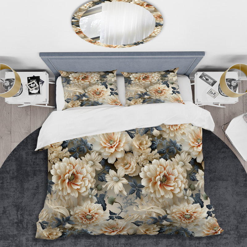 Literie à motif floral gris antique, Housse de couette pour très grand lit et 2 très