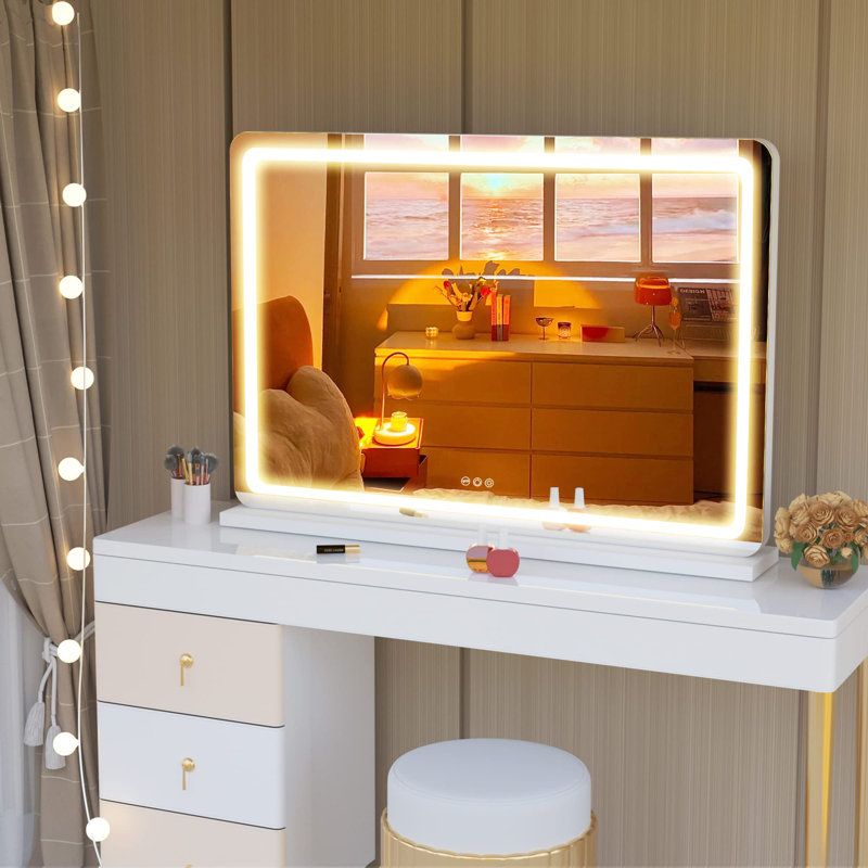 Dacee Rectangle LED Mirror, Touch Control Stepless 3 Colours Temperature & Dimmable Light, Stainless Steel/White