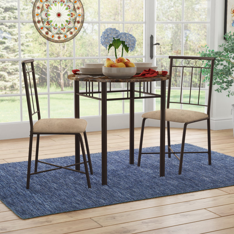 Berty 3 - Piece Dining Table Set, Small, 30" Round, Kitchen, Metal, Laminate, Brown Marble Look
