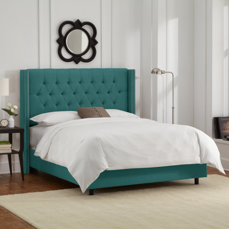 Upholstered Metal Wingback Bed, California King, Classic Talc Linen