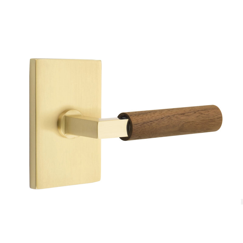 Emtek Select Passage Leverset w/ Modern Rectangular Rosette & L-Square Stem, Dark Walnut Handle (CF), Satin Brass