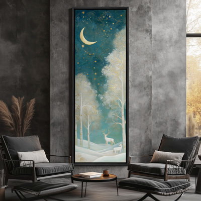 Enchanted Winter Night - Forêt au clair de lune avec des cerfs et des étoiles dorées - grande reproduction d'art sur toile encadrée
