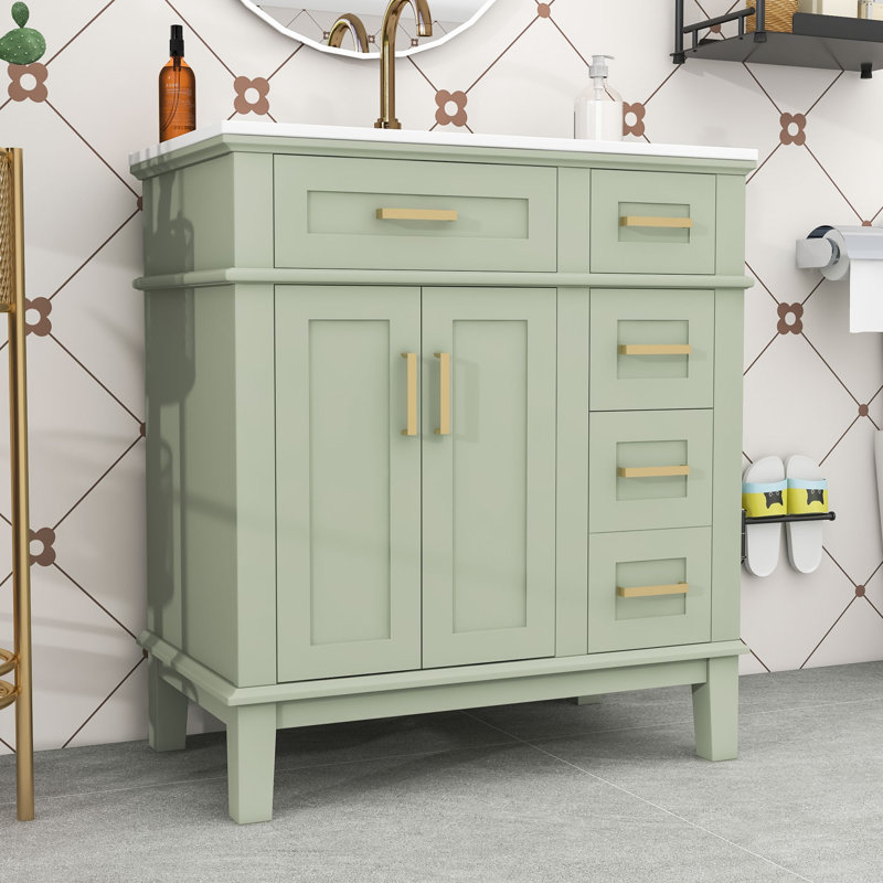 Meuble-lavabo autoportant avec lavabo en céramique, armoire de rangement à fermeture en douceur et tiroirs, Vert / blanc