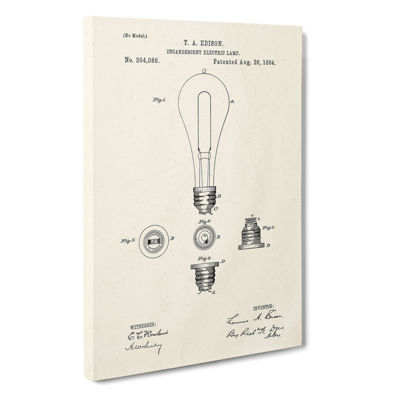Light Bulb Patent - Wrapped Canvas, 50cm H x 35cm W x 3cm D