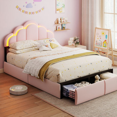 Upholstered LED Bed with Drawer & Petal Headboard, Kids Beds