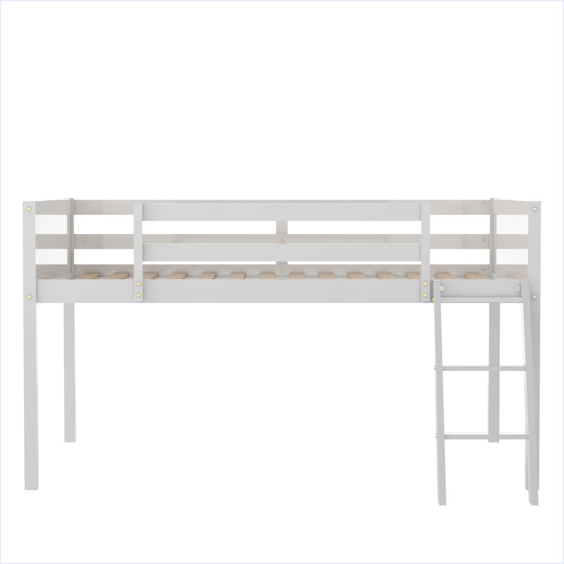 Lit mezzanine bas en bois avec échelle, Blanc / Blanc, Double