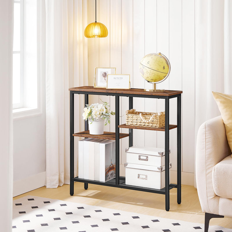 Dadash 29.5" Small Console Table with Metal Mesh Shelf, Rustic Brown