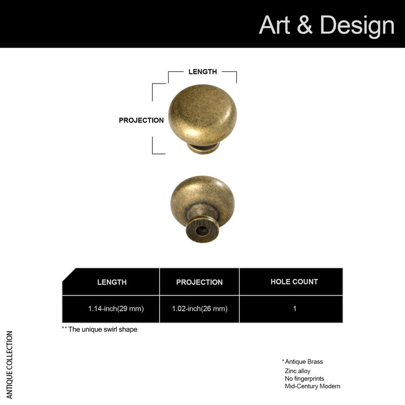 1.14" Diameter Mushroom Knob, Antique Brass