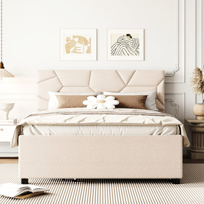Lit tapissier confortable avec plaisir en brique et lit gigogne simple en lin beige