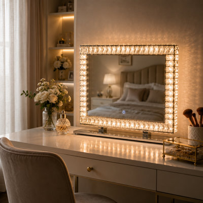 Lighted Crystal Vanity Mirror with 3 Color Lighting, Touch Control, Tabletop & Wall-Mounted Makeup Mirror