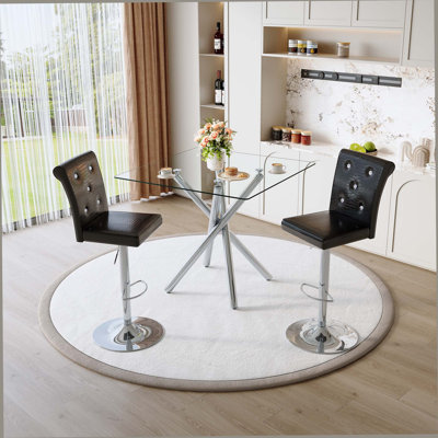 Ensemble de 2 tables de bar modernes en verre et tabourets de bar réglables, table de pub contemporaine à hauteur de comptoir avec pieds chromés, chaises de bar pivotantes en cuir PU noir pour îlot de cuisine, bar personnel, petit espace