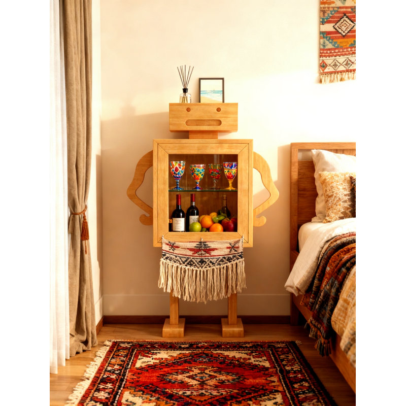 Armoire à vin robot en bois rustique (avec tablette en verre) - Rangement fonctionnel amusant pour le salon, le bar et la salle de jeux