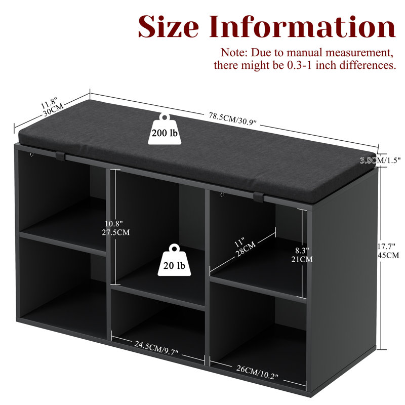 6 Pair Shoe Storage Bench with cushion, Black