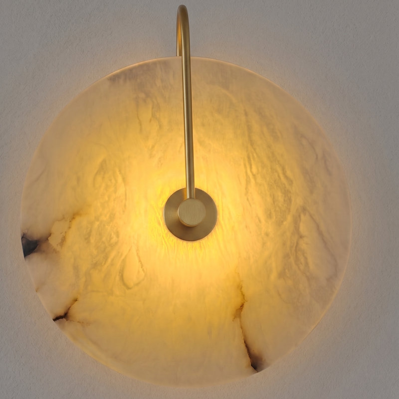 9.8In Round Alabaster Wall Sconce Equipped With LED Bead Light Source, No Harsh Glare From The Sides, Antique Copper