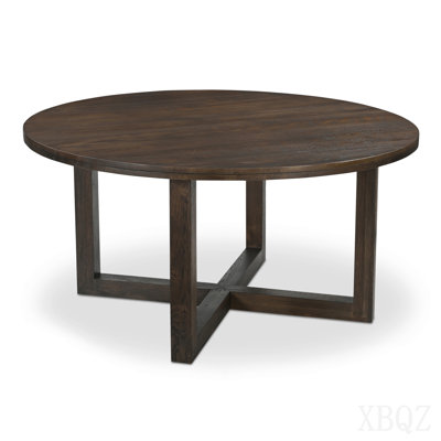 Table de salle à manger pour 6 personnes, plateau rond en bois de chêne, plateau double couche avec base en fer à rainures en V, brun foncé