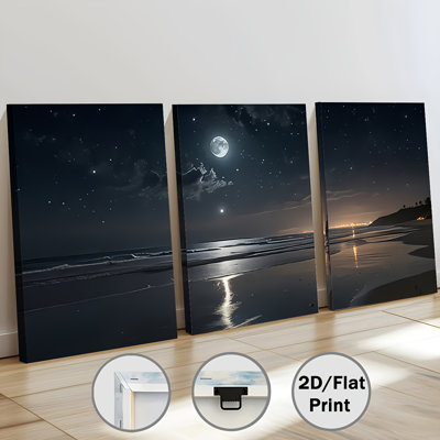 Night Beach Moon & Star 3-Piece Canvas Print for Calm Vibe Living Room Home Decor
