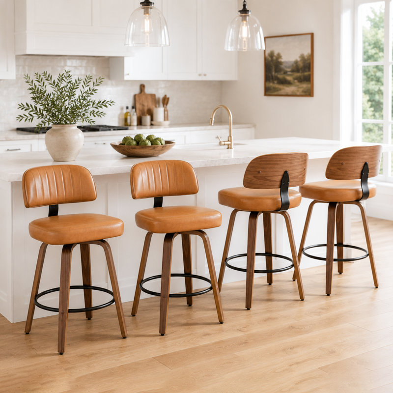 Tabouret de bar rembourré Oundle de style moderne du milieu du siècle avec dossier en bois incurvé et repose-pieds en métal (ensemble de 4)
