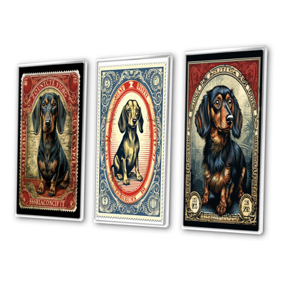 Retro Stamp Illustration Of Cute Dachshund - Animals Dog Daschund Art Set Of 3 Pieces