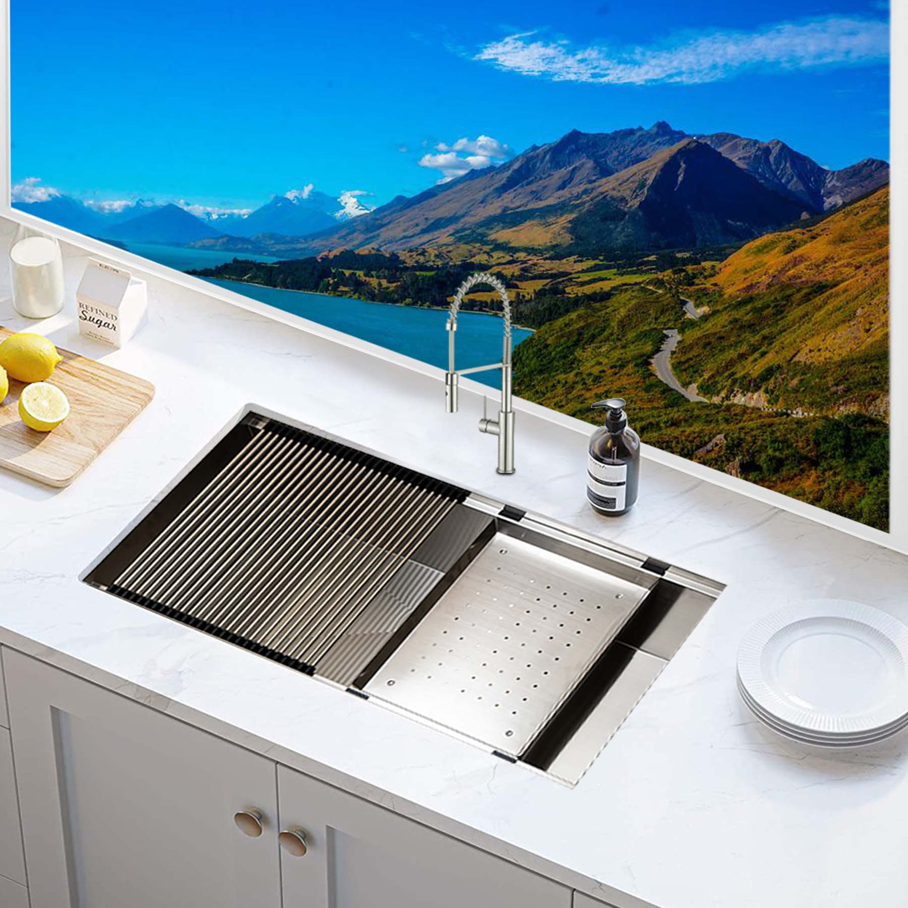 KBFmore 38 Inch Workstation Kitchen Sink with Sink Grid, Strainer Kit,  Colander and Rolling Up Grid