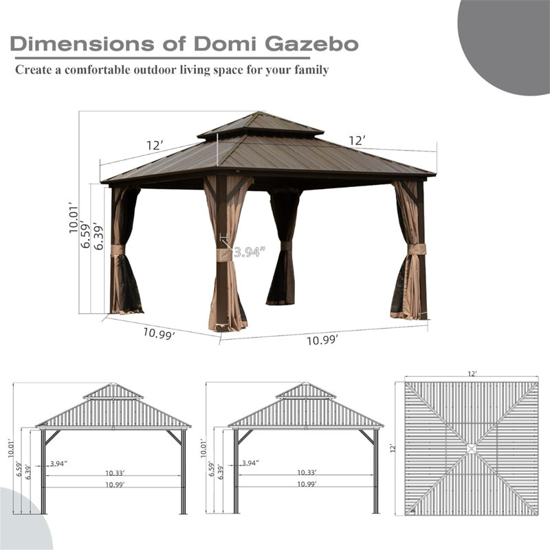12' X 12' Hardtop Gazebo, Brown